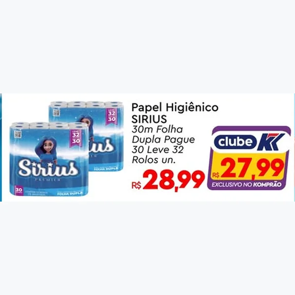 Recorte do encarte de Papel Higiênico Premier Sirius 32 un × 30 un