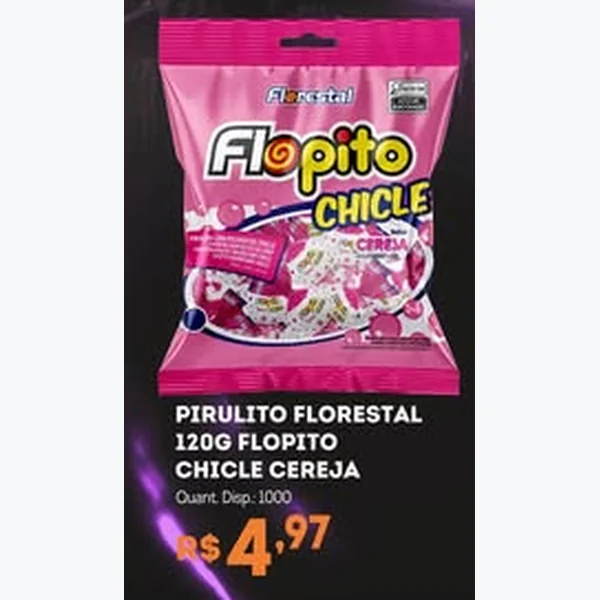 Recorte do encarte de Pirulito Flopito Chicle Cereja Florestal 120 g