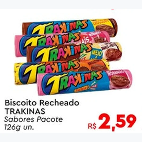 Recorte do encarte de Biscoito Recheado TRAKINAS 126 g