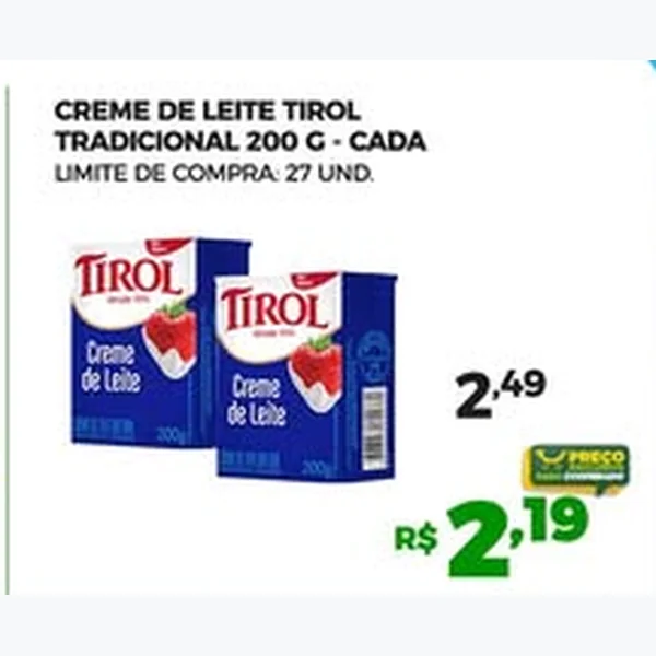 Recorte do encarte de Creme de Leite Tradicional Tirol 200 g