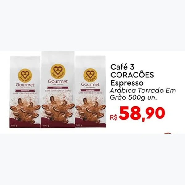 Café Espresso Arábica Torrado em Grão 3 Corações 500 g