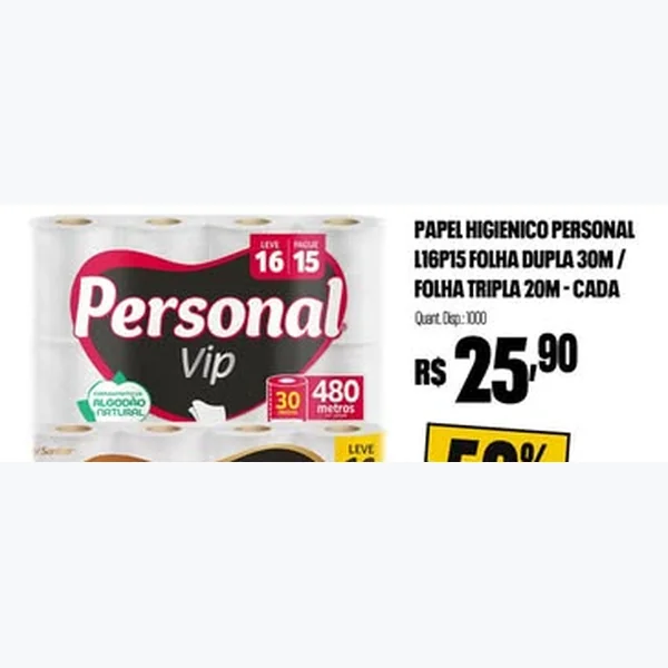 Papel Higiênico Folha Dupla Personal 16 un × 30 un