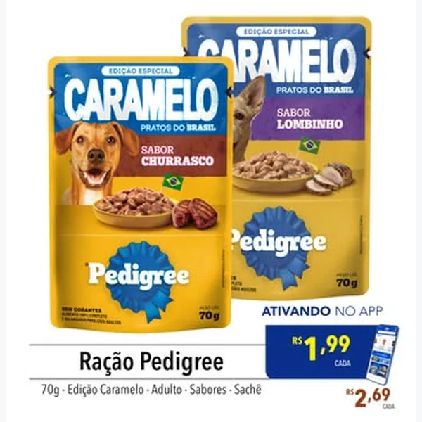 Recorte do encarte de Ração Sachê Edição Caramelo Sabor Churrasco Pedigree 70 g