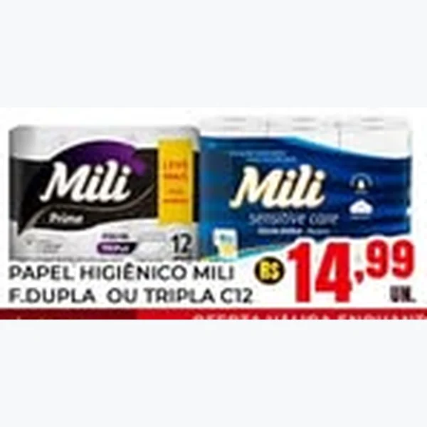Recorte do encarte de Papel Higiênico Mili 12 un