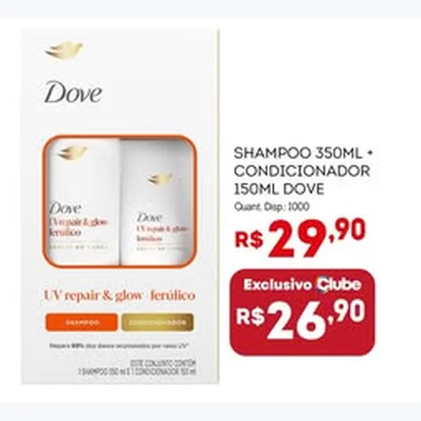 Recorte do encarte de Shampoo e Condicionador Uv Repair & Glow Ferúlico Dove 500 ml