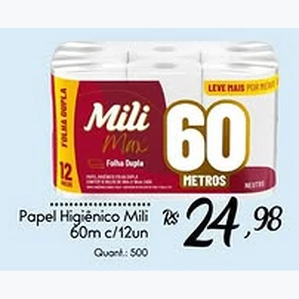 Recorte do encarte de Papel Higiênico Folha Dupla Mili 12 un × 60 un