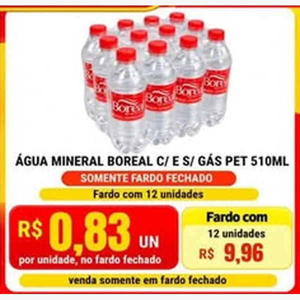 Recorte do encarte de Água Mineral C/ e S/ Gás Boreal 12 un × 510 ml
