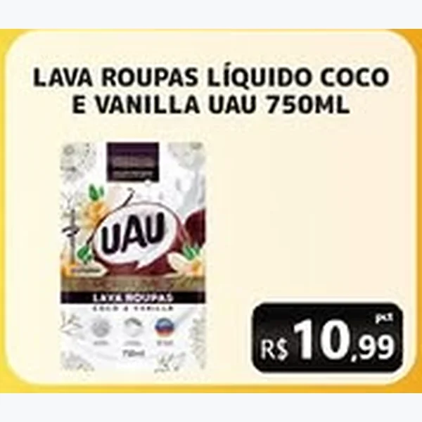 Recorte do encarte de Lava Roupas Líquido Coco e Vanilla Uau 750 ml