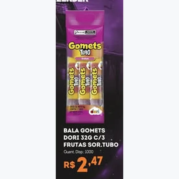 Recorte do encarte de Bala Gomets Tubo Frutas Dori 3 un × 32 g