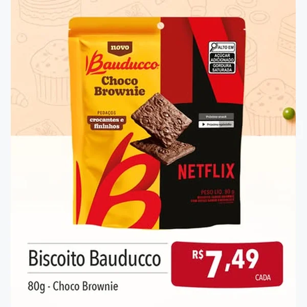 Recorte do encarte de Biscoito Choco Brownie Bauducco 80 g
