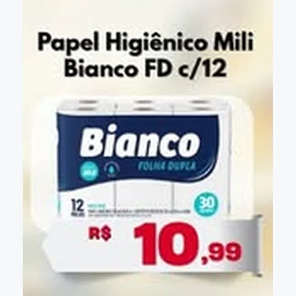 Recorte do encarte de Papel Higiênico Bianco Folha Dupla Mili 12 un