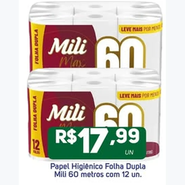 Recorte do encarte de Papel Higiênico Folha Dupla Mili 12 un × 60 un