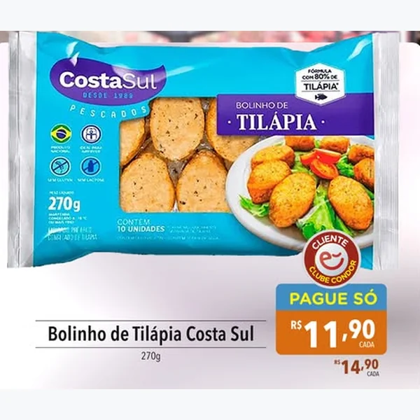 Recorte do encarte de Bolinho de Tilápia Costa Sul 270 g