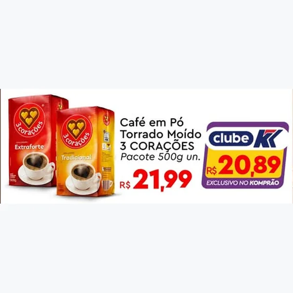 Café em Pó Torrado Moído 3 Corações 500 g