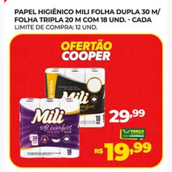 Recorte do encarte de Papel Higiênico Folha Dupla Mili 18 un × 30 un