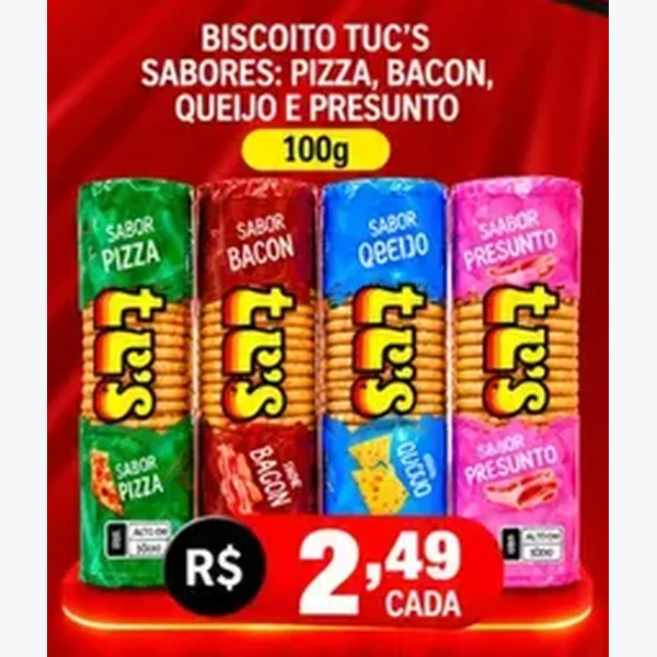 Recorte do encarte de Biscoito Bacon Tuc's 100 g