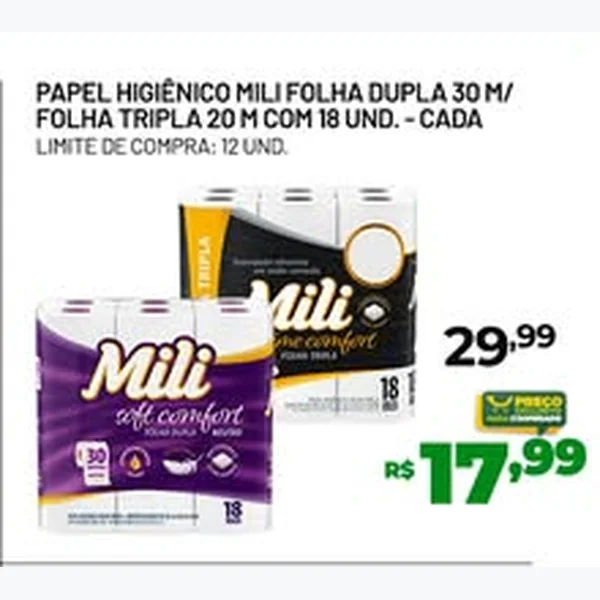 Papel Higiênico Folha Dupla Mili 18 un × 30 un