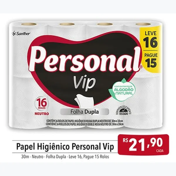 Papel Higiênico Vip Folha Dupla Neutro Personal 16 un × 30 un