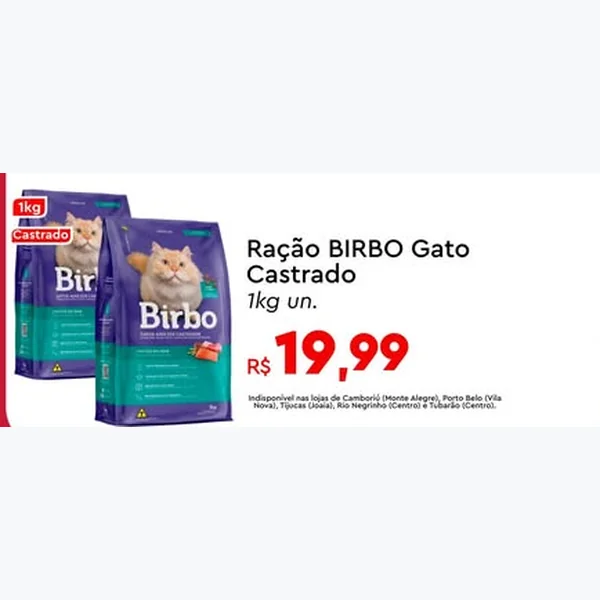Recorte do encarte de Ração Gato Castrado Birbo