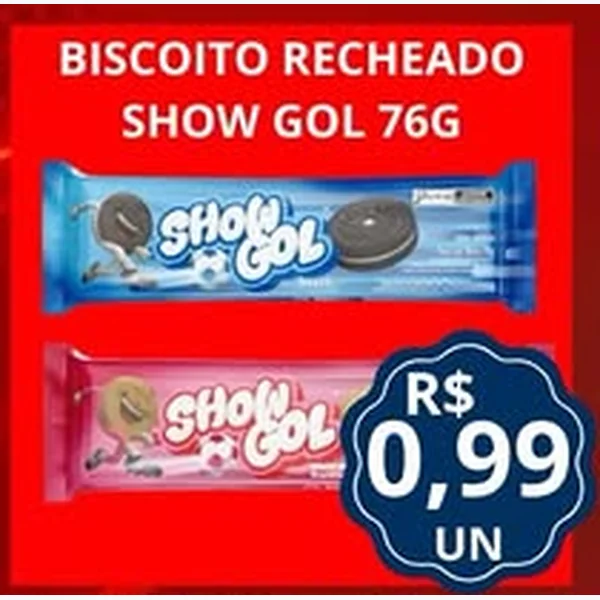 Recorte do encarte de Biscoito Recheado Show Gol 76 g
