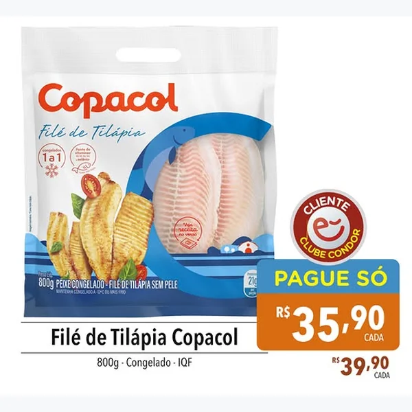 Recorte do encarte de Filé de Tilápia Congelado Iqf Copacol 800 g