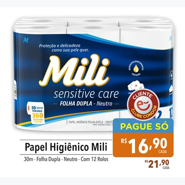 Recorte do encarte de Papel Higiênico Sensitive Care Folha Dupla Mili 12 un × 30 un