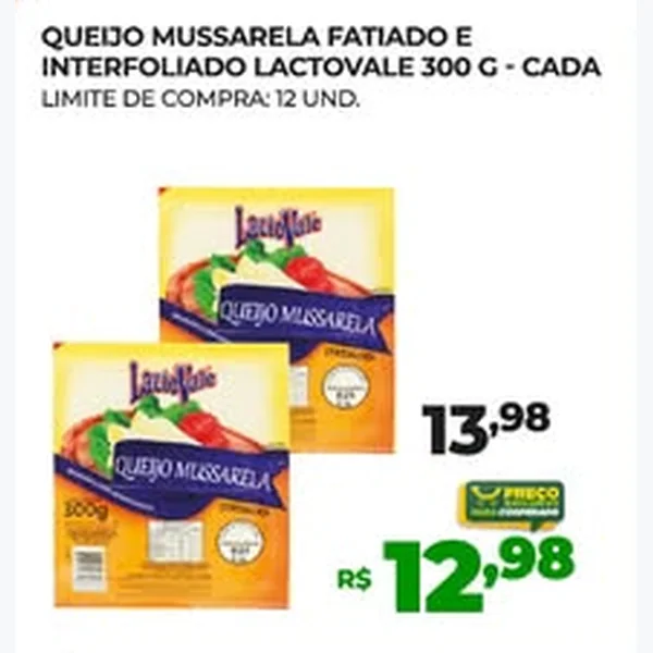 Queijo Mussarela Fatiado e Interfoliado Lactovale 300 g