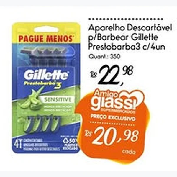 Aparelho Descartável para Barbear Prestobarba3 Gillette 4 un