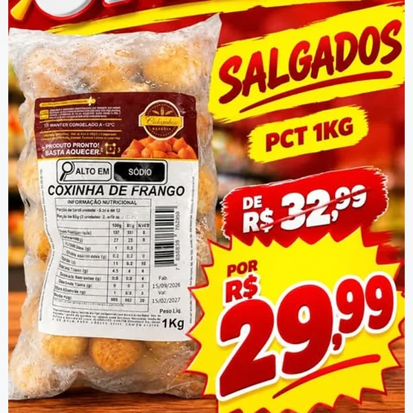 Recorte do encarte de Coxinha de Frango Calambau 1 kg