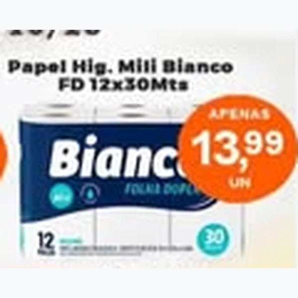 Recorte do encarte de Papel Higiênico Bianco Folha Dupla Mili 12 un × 30 un