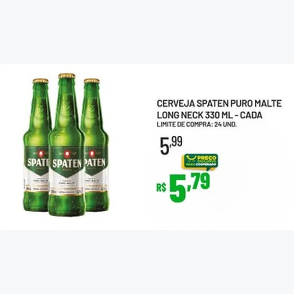 Recorte do encarte de Cerveja Puro Malte Long Neck Spaten 330 ml