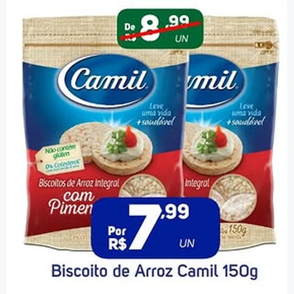 Recorte do encarte de Biscoito de Arroz Integral Camil 150 g