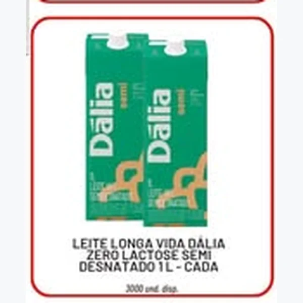 Recorte do encarte de Leite Longa Vida Desnatado Zero Lactose Dália 1 L