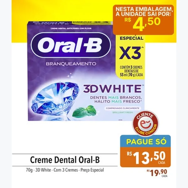 Recorte do encarte de Creme Dental 3d White Oral-B 3 un × 70 g