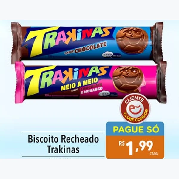 Recorte do encarte de Biscoito Recheado Chocolate Trakinas 126 g