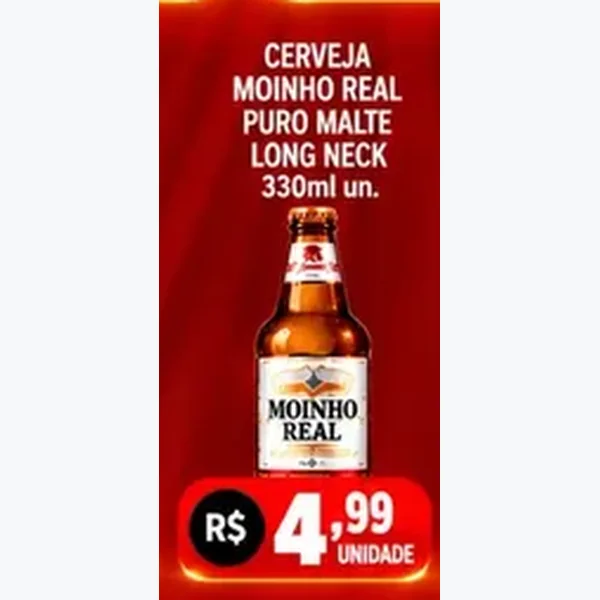 Recorte do encarte de Cerveja Puro Malte Long Neck Moinho Real 330 ml