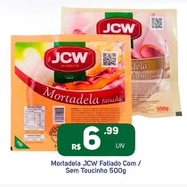 Recorte do encarte de Mortadela Fatiada com Toucinho JCW 500 g