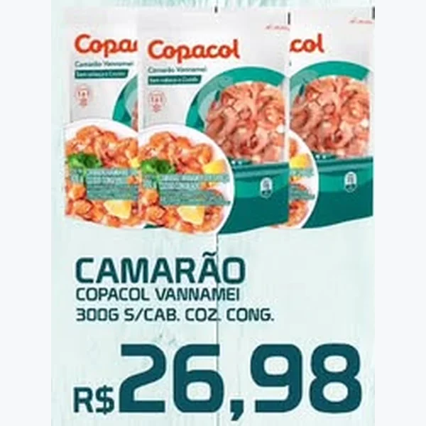Recorte do encarte de Camarão Vannamei sem Cabeça Cozido Copacol 300 g