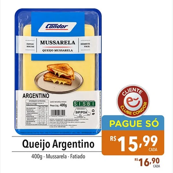 Queijo Mussarela Argentino Fatiado Condor 400 g