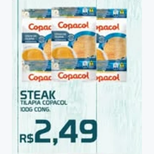 Recorte do encarte de Steak Tilápia Cong. Copacol 100 g