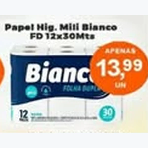 Recorte do encarte de Papel Higiênico Mili Bianco 12 un × 30 un