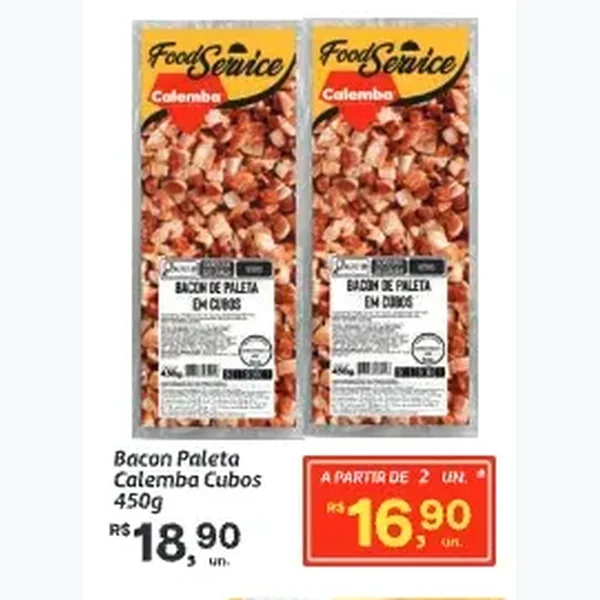 Recorte do encarte de Bacon Paleta em Cubos FoodService Calemba 450 g