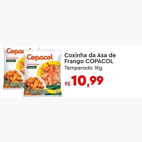 Recorte do encarte de Coxinha da Asa de Frango Temperado Copacol 1 kg