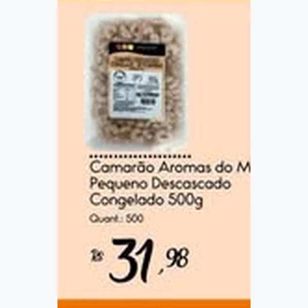 Recorte do encarte de Camarão Pequeno Descascado Congelado Aromas do Mar 500 g