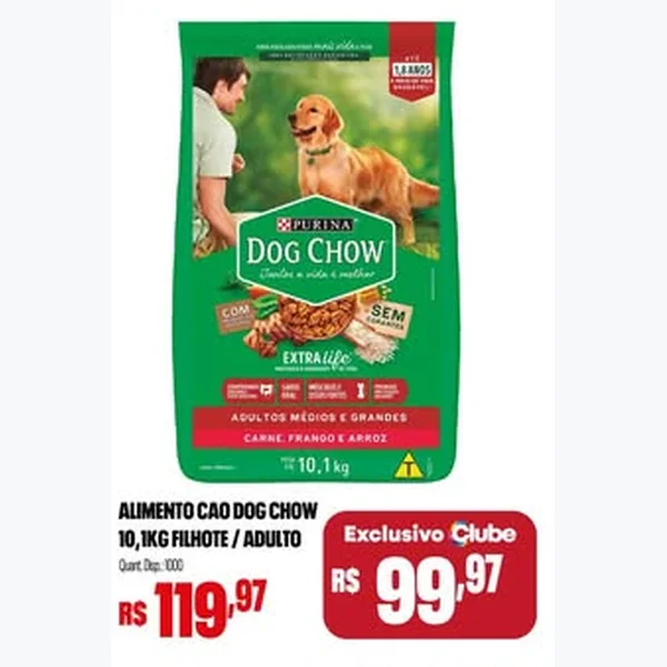 Alimento para Cães Adultos Médios e Grandes Carne, Frango e Arroz Dog Chow 10,1 kg