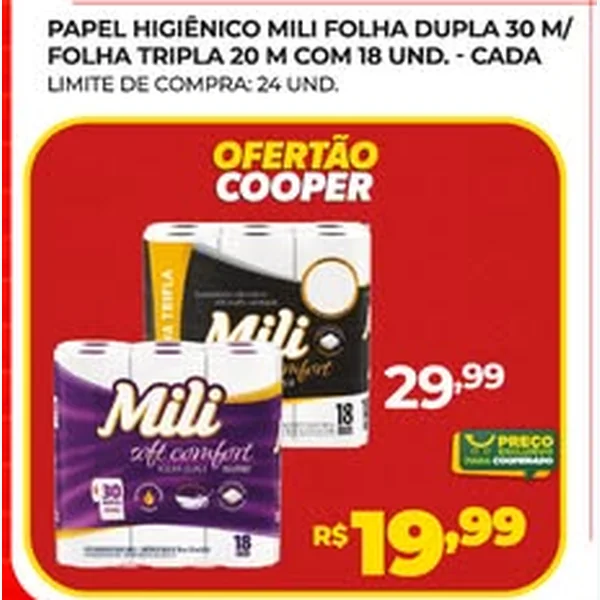 Papel Higiênico Folha Dupla Mili 18 un × 30 un