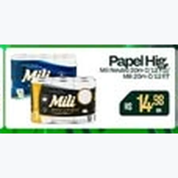 Recorte do encarte de Papel Higiênico Mili 12 un × 20 un