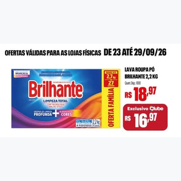 Recorte do encarte de Lava Roupa Pó Limpeza Total Brilhante 2,2 kg