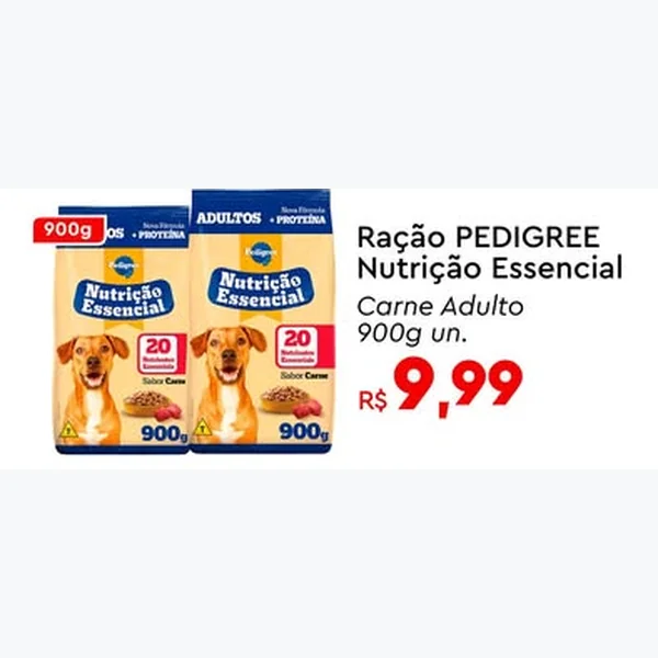 Recorte do encarte de Ração Nutrição Essencial Carne Adulto Pedigree 900 g