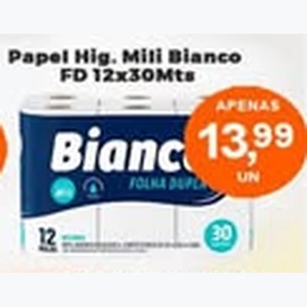 Recorte do encarte de Papel Higiênico Folha Dupla Mili Bianco 12 un × 30 un